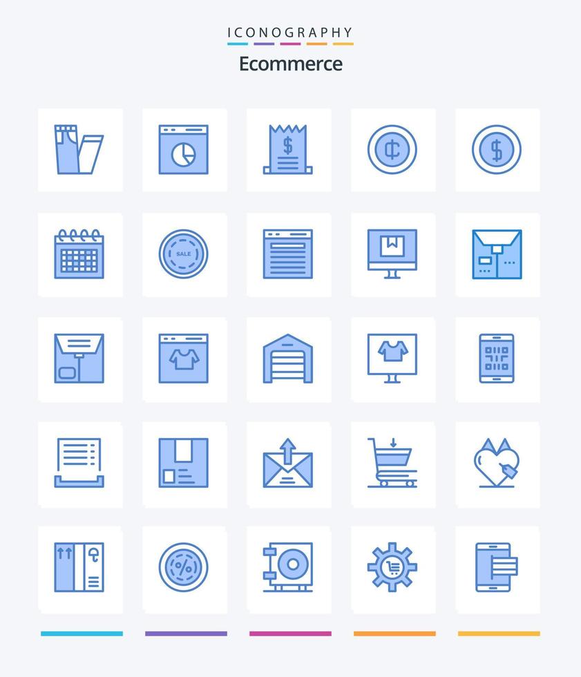 Creative E-Commerce 25 Blue Icon Pack wie Datum. Geld. Rechnungen. E-Commerce. Kasse vektor