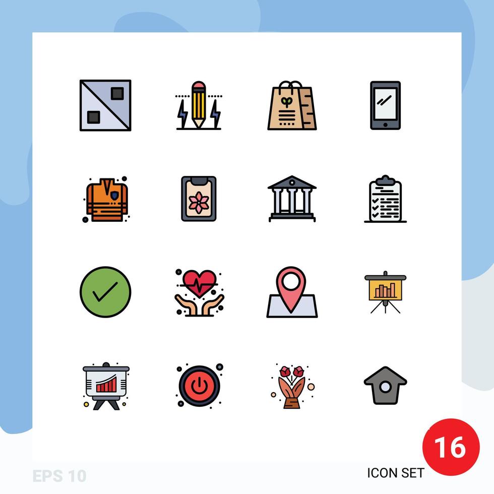 Packung mit 16 modernen, flachen, farbgefüllten Linien, Zeichen und Symbolen für Web-Printmedien wie Feuerwehr-Android-Tasche, Handy, editierbare, kreative Vektordesign-Elemente vektor