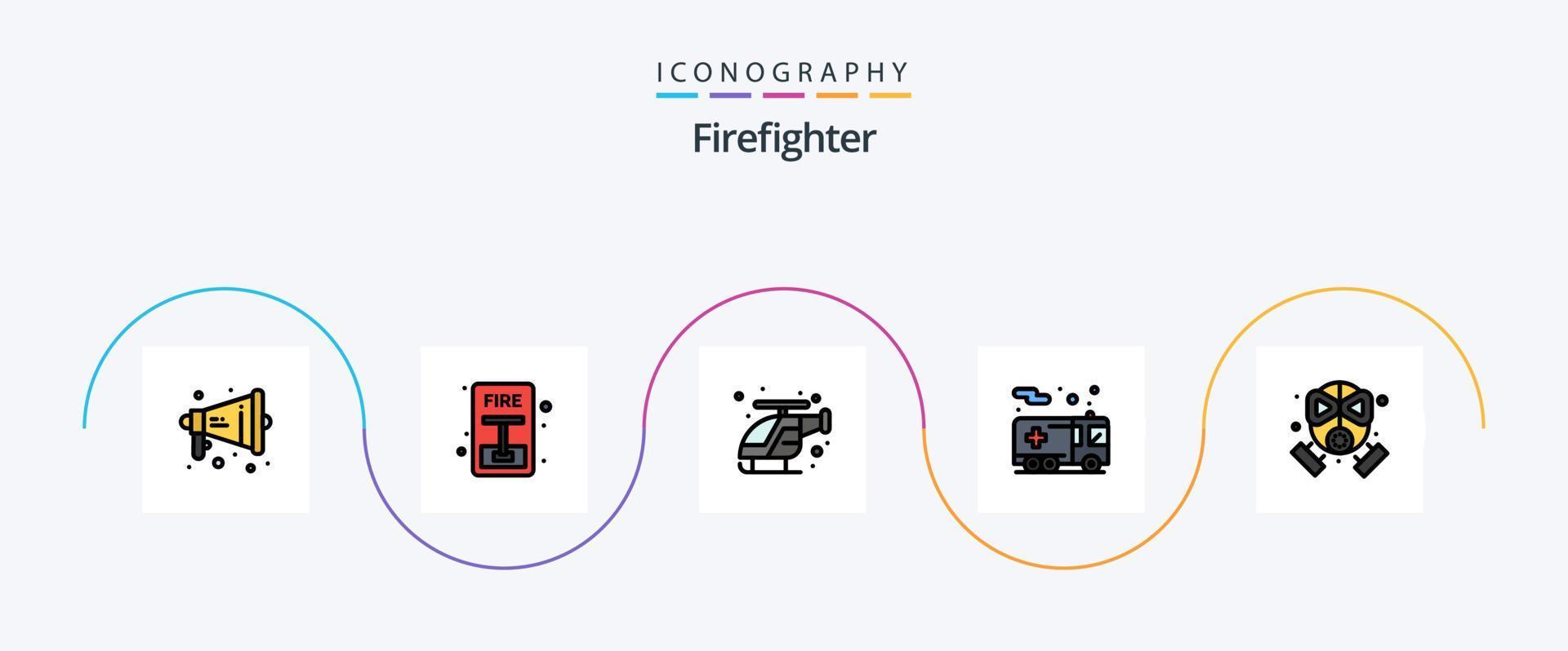 Feuerwehrmann-Linie gefülltes flaches 5-Icon-Paket einschließlich Feuerwehrmann. Transport. Notfall. Sicherheit. Notfall vektor