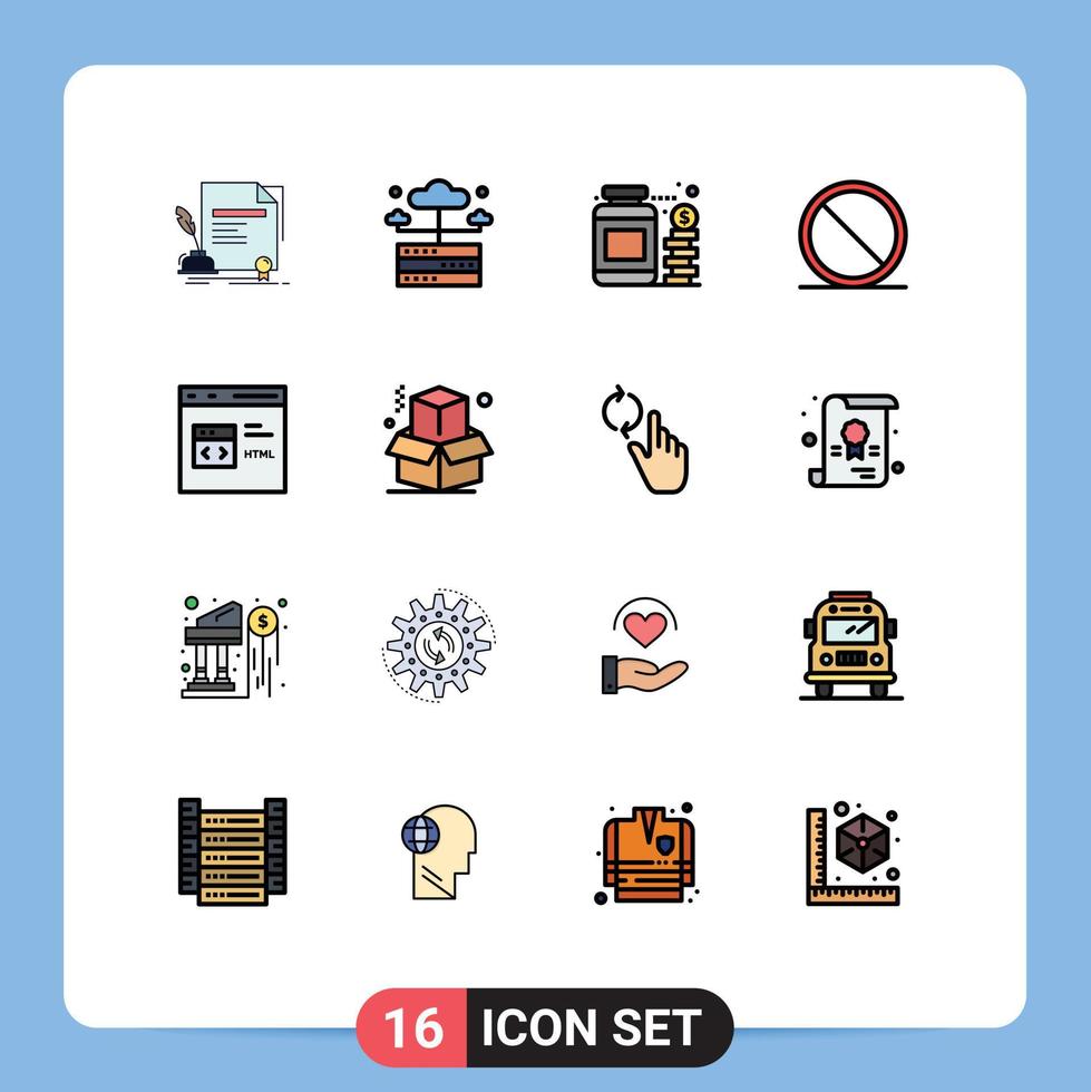 mobil gränssnitt platt Färg fylld linje uppsättning av 16 piktogram av koda ta bort server annullera besparingar redigerbar kreativ vektor design element