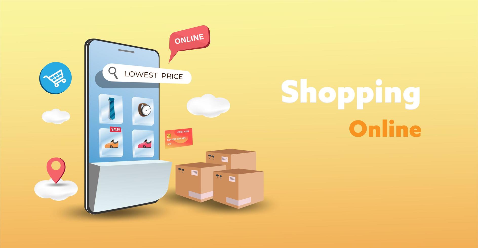 online shopping butik på webbplatsen och mobiltelefon design. smart affärsmarknadsföringskoncept. horisontell vy. vektor illustration.