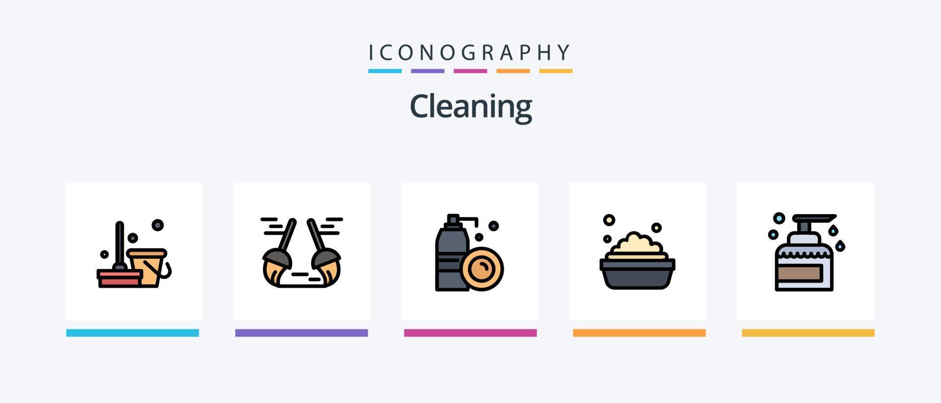 rengöring linje fylld 5 ikon packa Inklusive rengöring gel. häxa. tvättning. mopp. kvast. kreativ ikoner design vektor