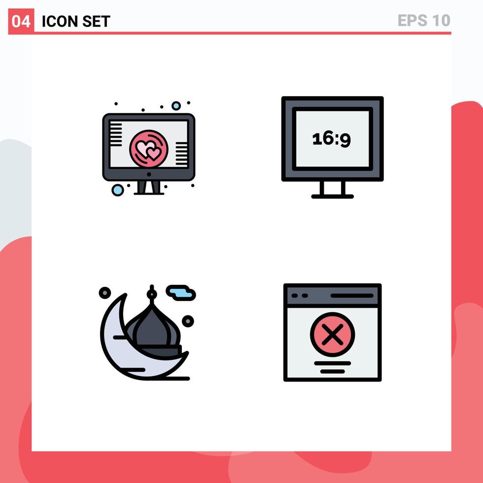 modern uppsättning av 4 fylld linje platt färger pictograph av kärlek moské skärm hjärta hd be redigerbar vektor design element