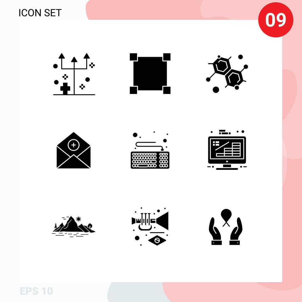 grupp av 9 fast glyfer tecken och symboler för dator e-post kemist kommunikation Lägg till redigerbar vektor design element
