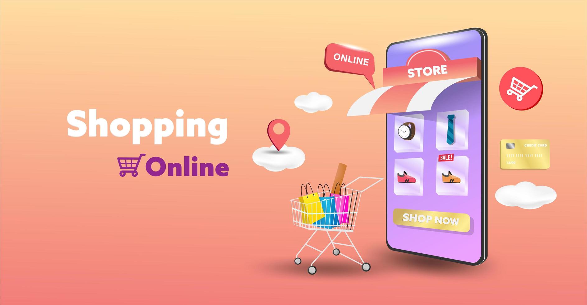 Online-Shopping-Shop auf Website und Handy-Design. Smart Business Marketing-Konzept. horizontale Ansicht. Vektorillustration. vektor