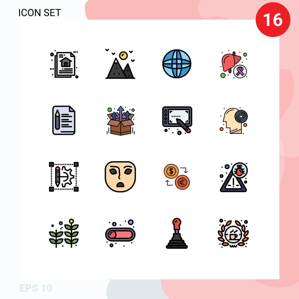 Stock Vector Icon Pack mit 16 Zeilen Zeichen und Symbolen für Datei Leber Bergkrankheit Krebs editierbare kreative Vektordesign-Elemente