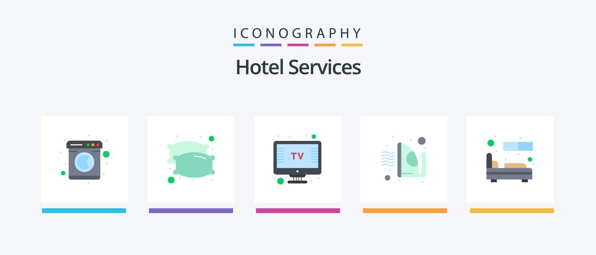 Hotelservices Flat 5 Icon Pack inklusive Schlaf. Zimmer. Bildschirm. Bett. Bügeln. kreatives Symboldesign vektor