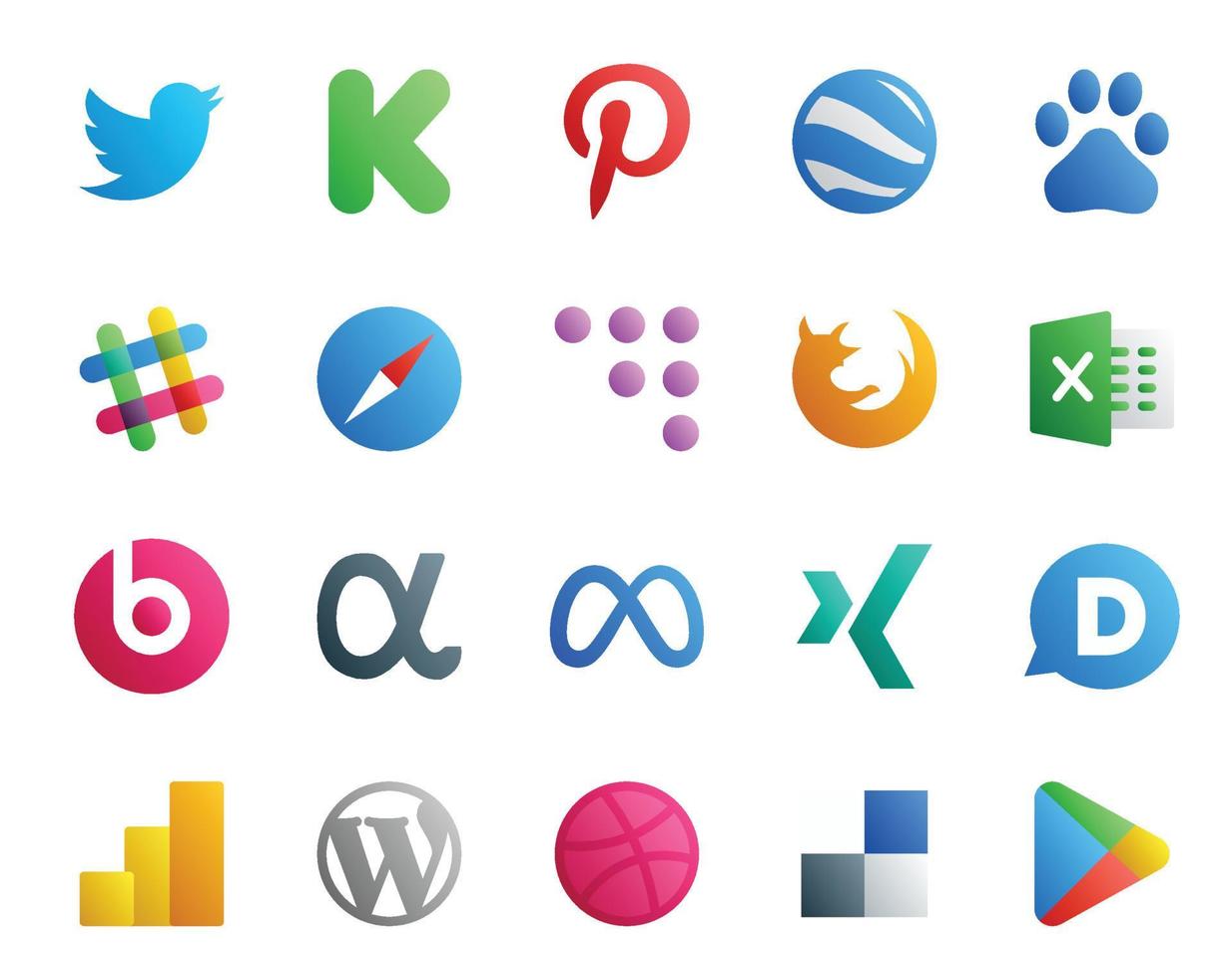 20 Social Media Icon Pack inklusive Facebook App Net Safari Beats Pill Browser vektor