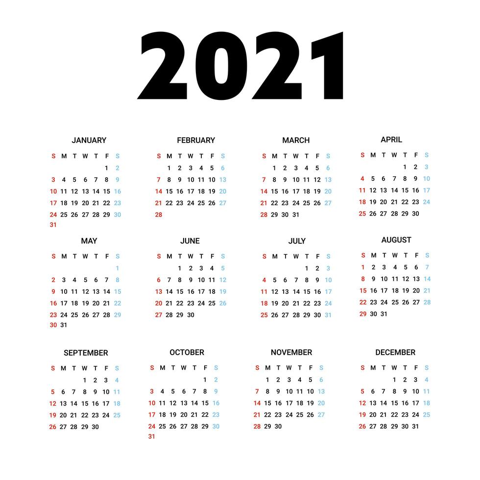 Kalender 2021 isoliert auf weißem Hintergrund. Die Woche beginnt am Sonntag. Vektorillustration. vektor