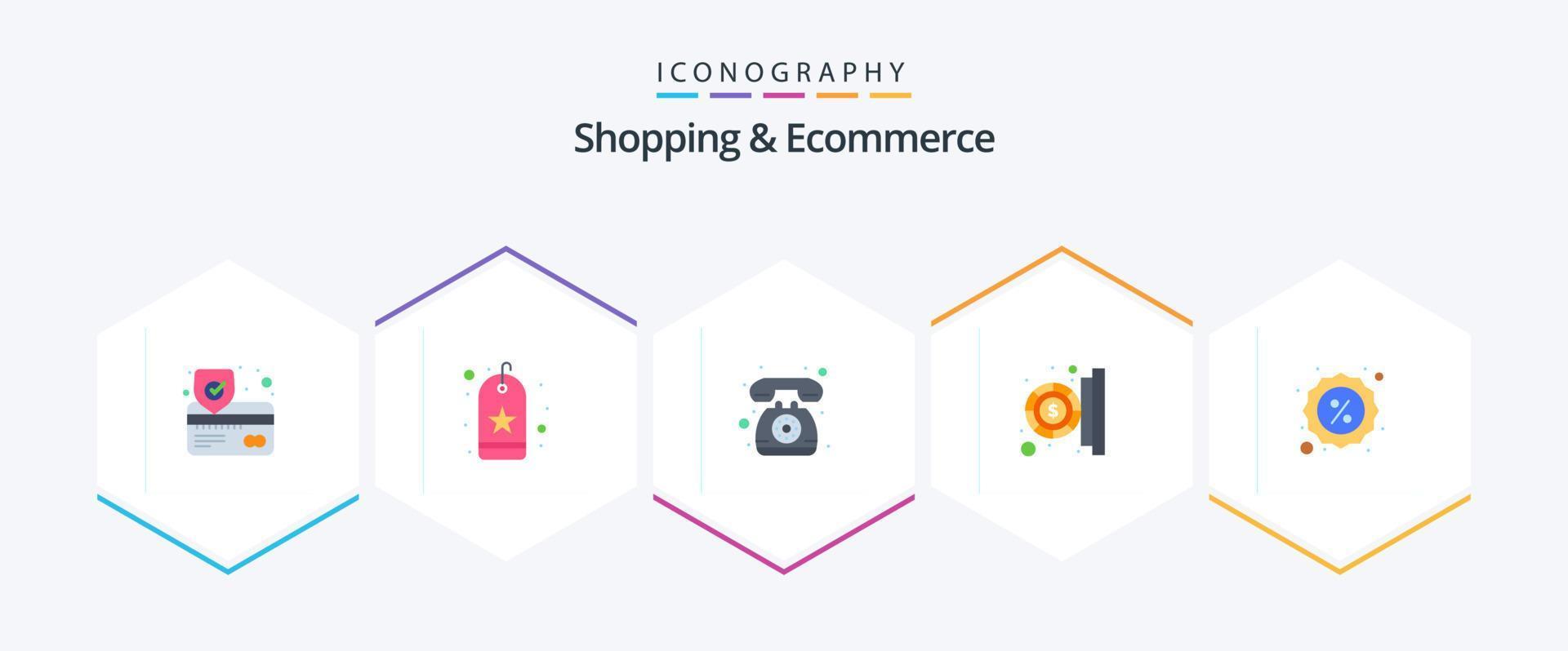 Shopping und E-Commerce 25 Flat Icon Pack inklusive Sale. Geld. Kontakt. Zahlung. Münze vektor