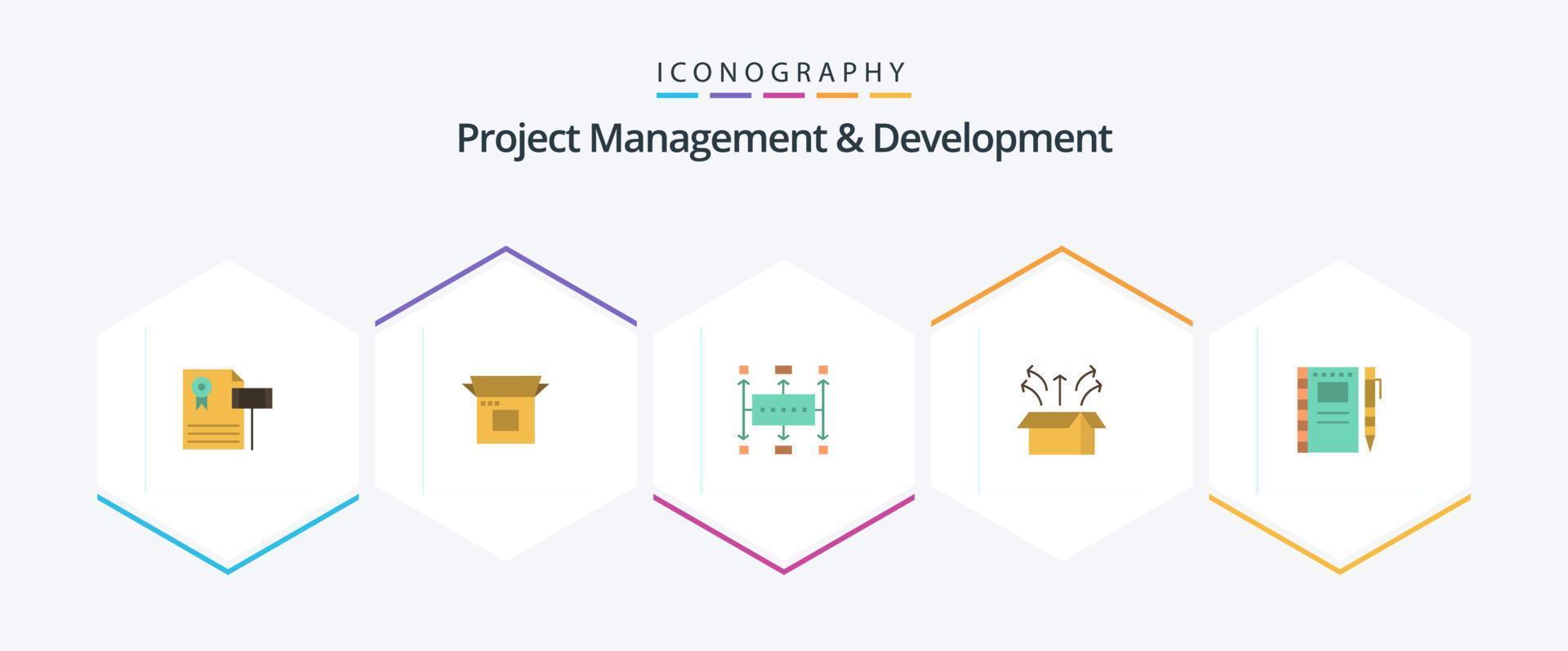 Projektmanagement und Entwicklung 25 Flat Icon Pack inklusive Launch. freigeben. Produkt. Planung. Geschäft vektor