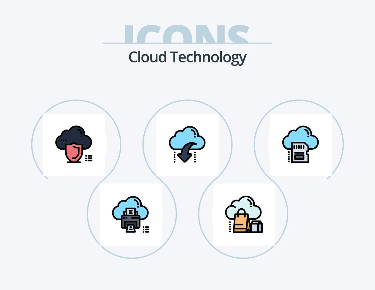 Cloud-Technologie-Linie gefüllt Icon Pack 5 Icon-Design. sicher. Wolke. sicher. Gerät. drucken vektor