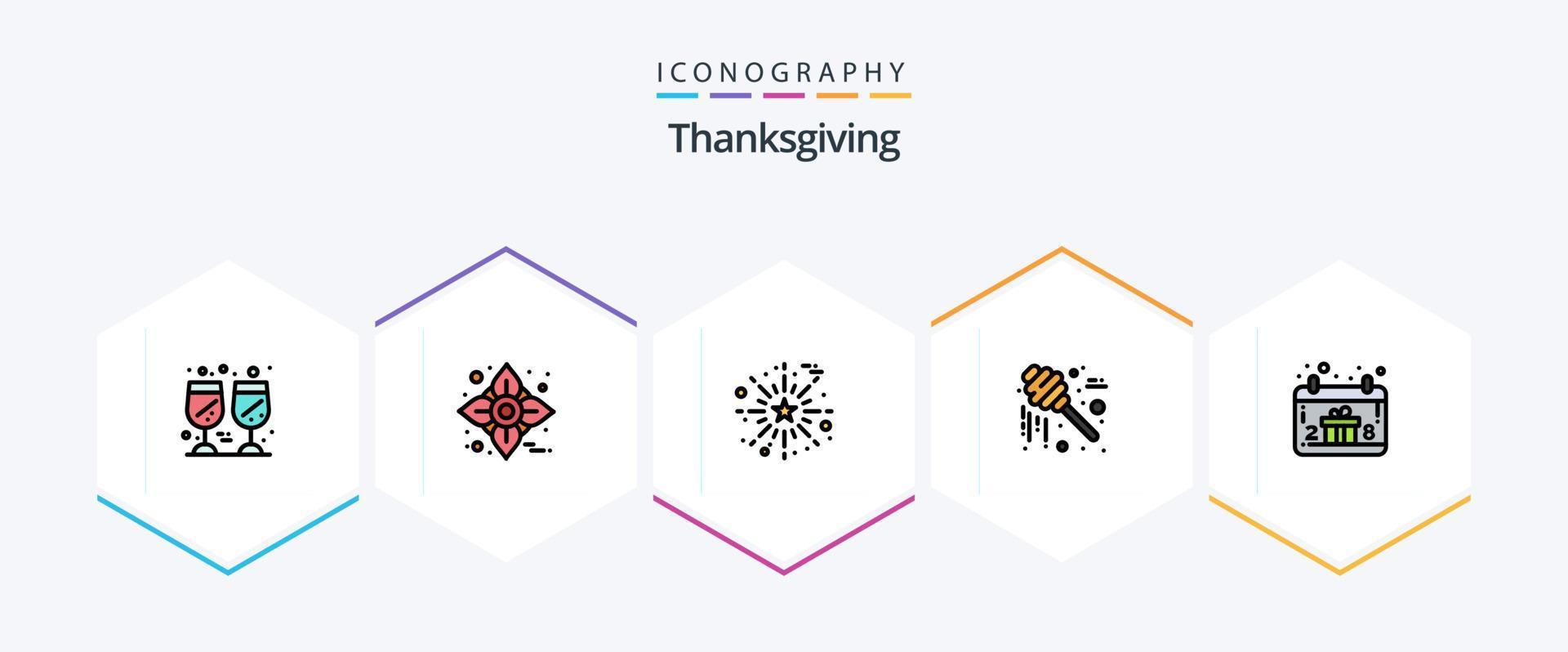 Thanksgiving-Icon-Pack mit 25 gefüllten Linien inklusive Geschenkbox. das Erntedankfest. zelebrieren. Süßigkeiten. Honig vektor