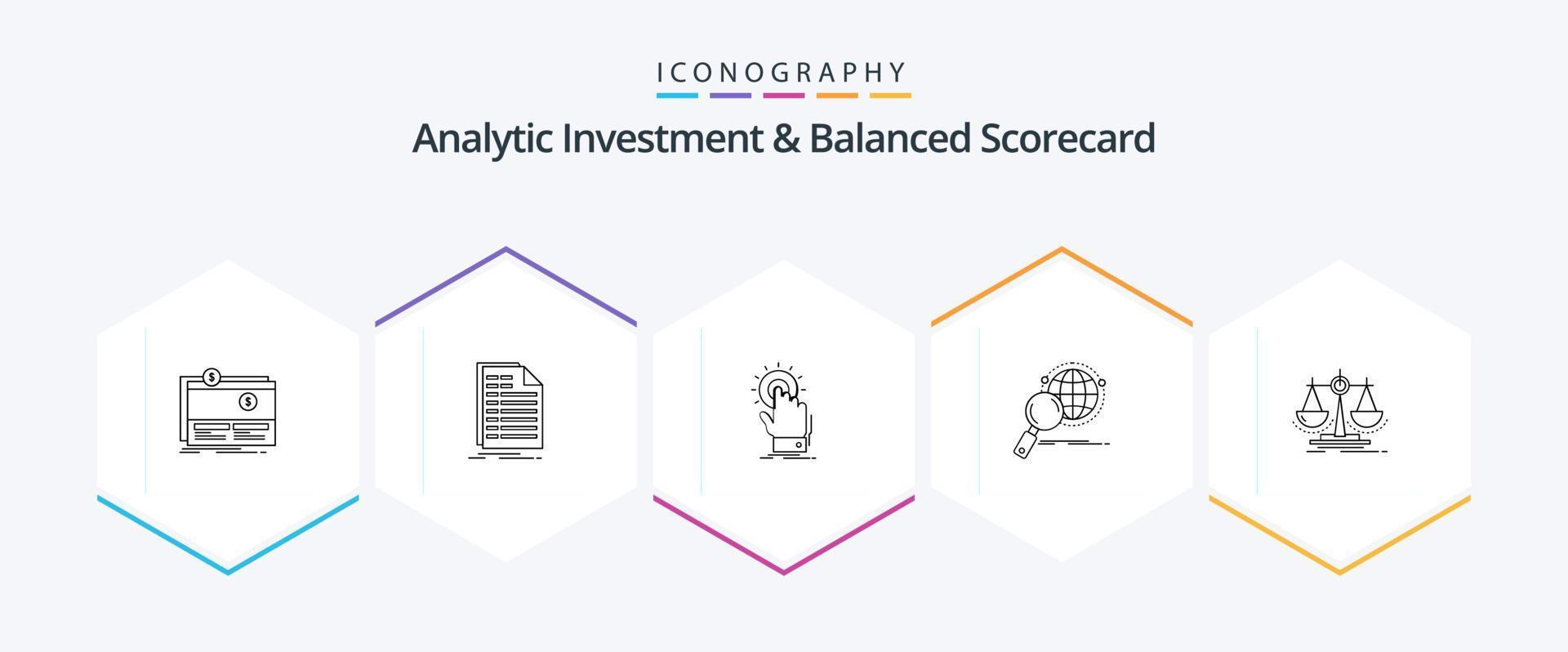 Analytische Investition und Balanced Scorecard 25-Zeilen-Icon-Pack inklusive Lupe. global. Rechnung. Start. Hand vektor