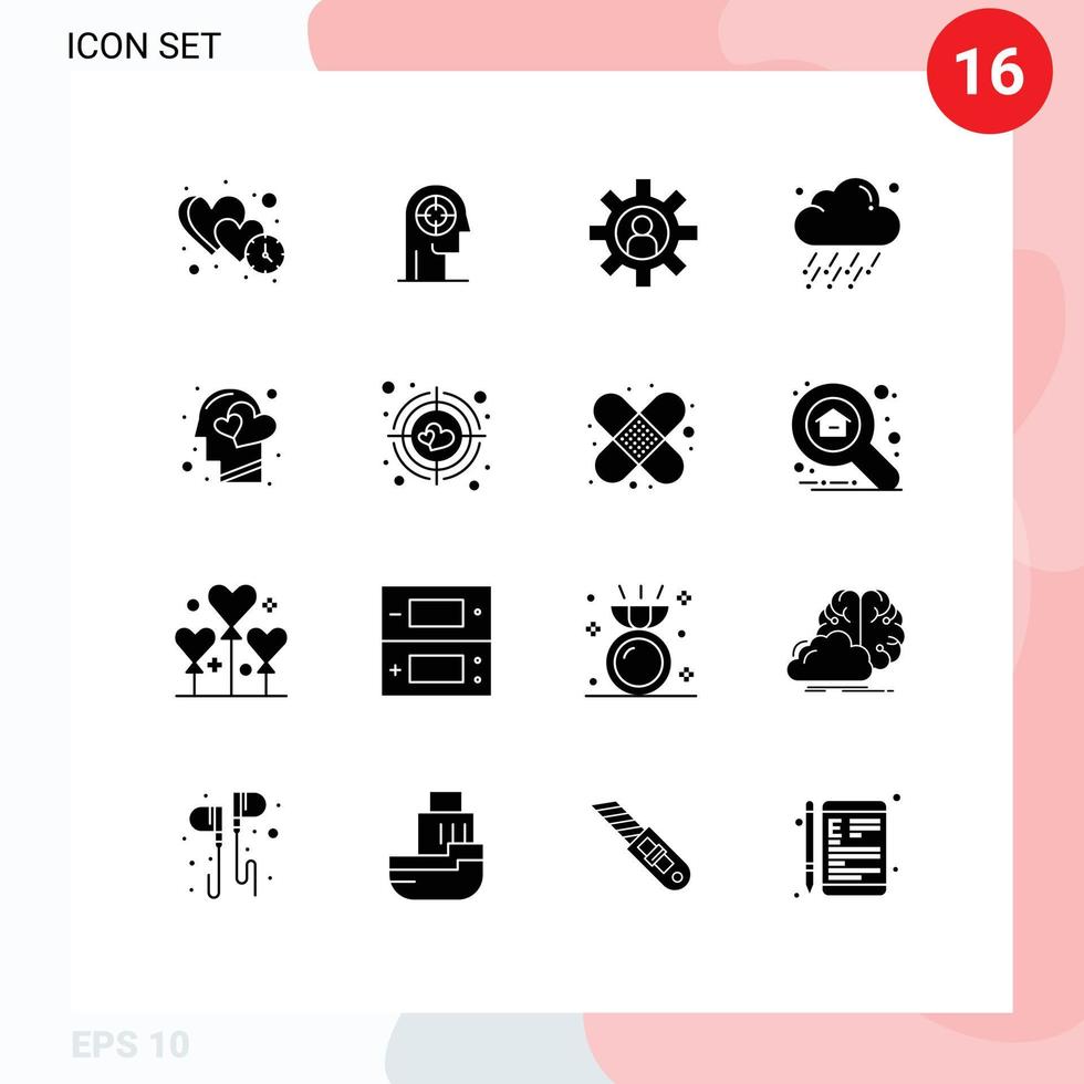 piktogram uppsättning av 16 enkel fast glyfer av vind regn huvud moln service redigerbar vektor design element
