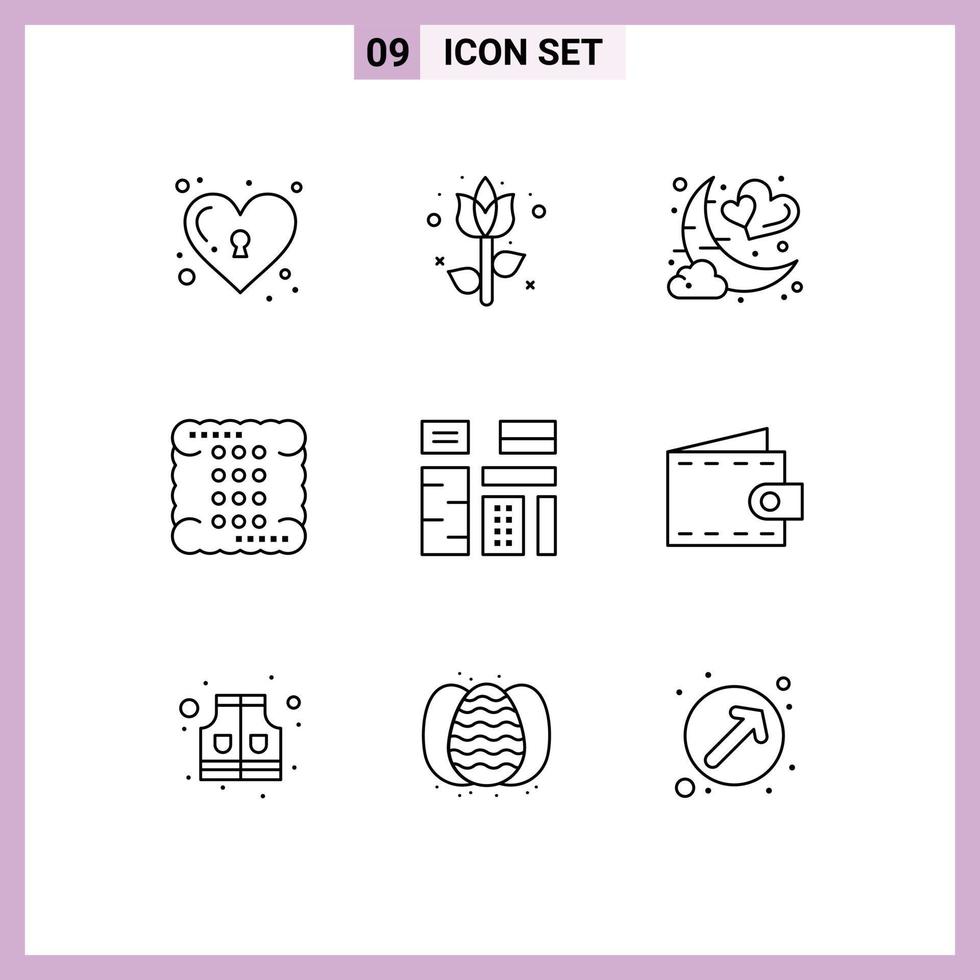 Stock Vector Icon Pack mit 9 Zeilenzeichen und Symbolen für Essen, Getränke, Datum, Kochen, romantische, editierbare Vektordesign-Elemente