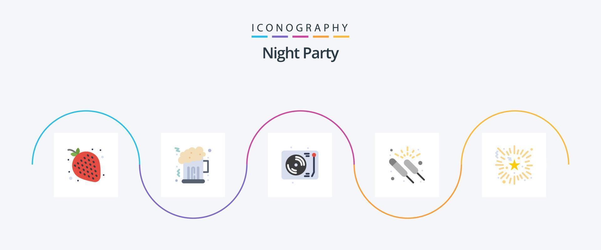 Night Party Flat 5 Icon Pack inklusive Feuerwerk. Nacht. dis. Gruppe. Fall vektor