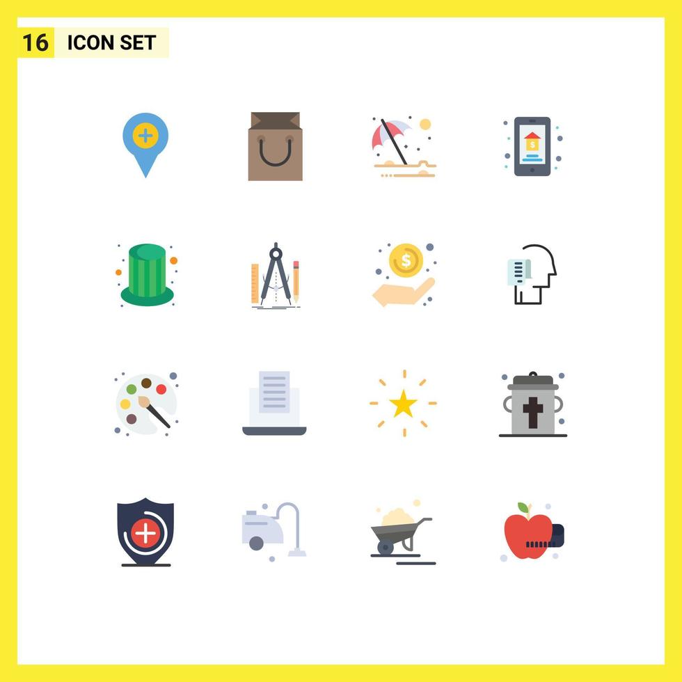 Gruppe von 16 flachen Farbzeichen und Symbolen für Immobilien-Home-Shopping-Auktion Regenschirm editierbares Paket kreativer Vektordesign-Elemente vektor