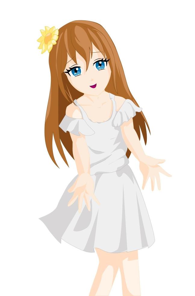 anime flicka med öppna två händer och vit klänning vektor
