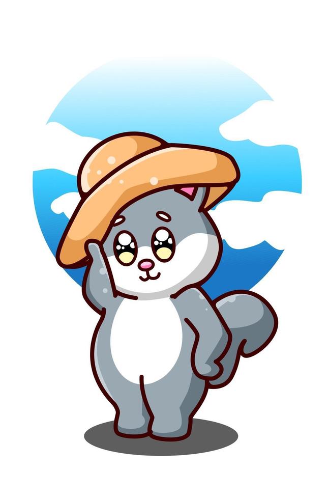 eine niedliche Katze mit Sommerhutkarikaturillustration vektor