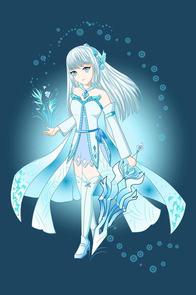 Anime-Mädchen mit weißem blauem Kostüm, das Schwert hält vektor