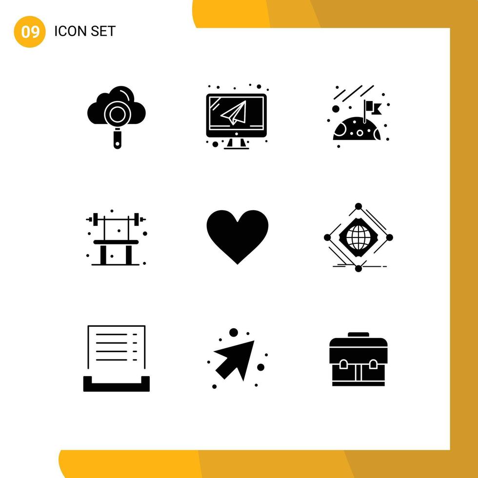 9 användare gränssnitt fast glyf packa av modern tecken och symboler av gränssnitt kärlek flagga Gym övning redigerbar vektor design element