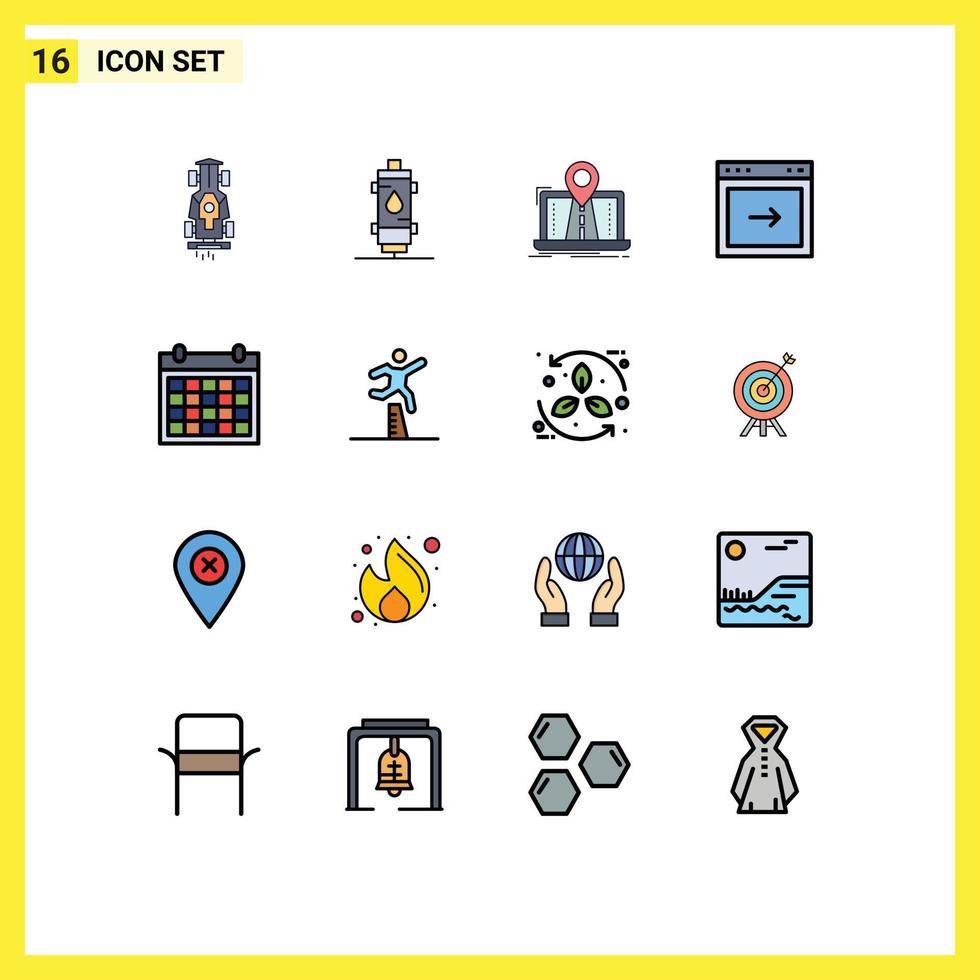 Universelle Symbolsymbole Gruppe von 16 modernen, flachen, farbgefüllten Linien der Browserroute, Hot-GPS-Karte, editierbare, kreative Vektordesign-Elemente vektor