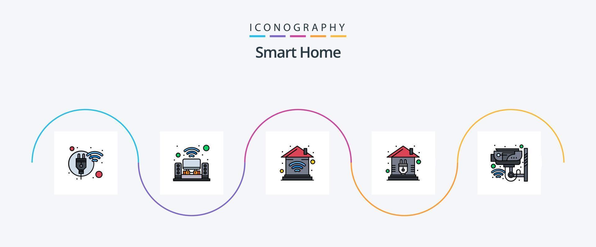 Smart-Home-Line-Flat-5-Icon-Pack mit CCTV. Stecker. Musiksystem. heim. W-lan vektor