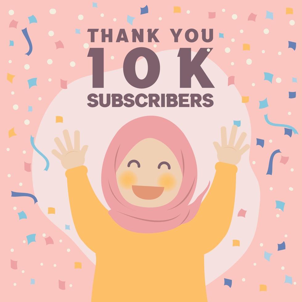 süße glückliche muslimische Mädchen danke 10k Follower Design feiern vektor