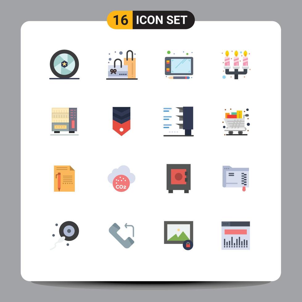 Piktogramm-Set aus 16 einfachen flachen Farben von Garderobenmöbeln, Stift, Kerze, Abendessen, bearbeitbares Paket kreativer Vektordesign-Elemente vektor