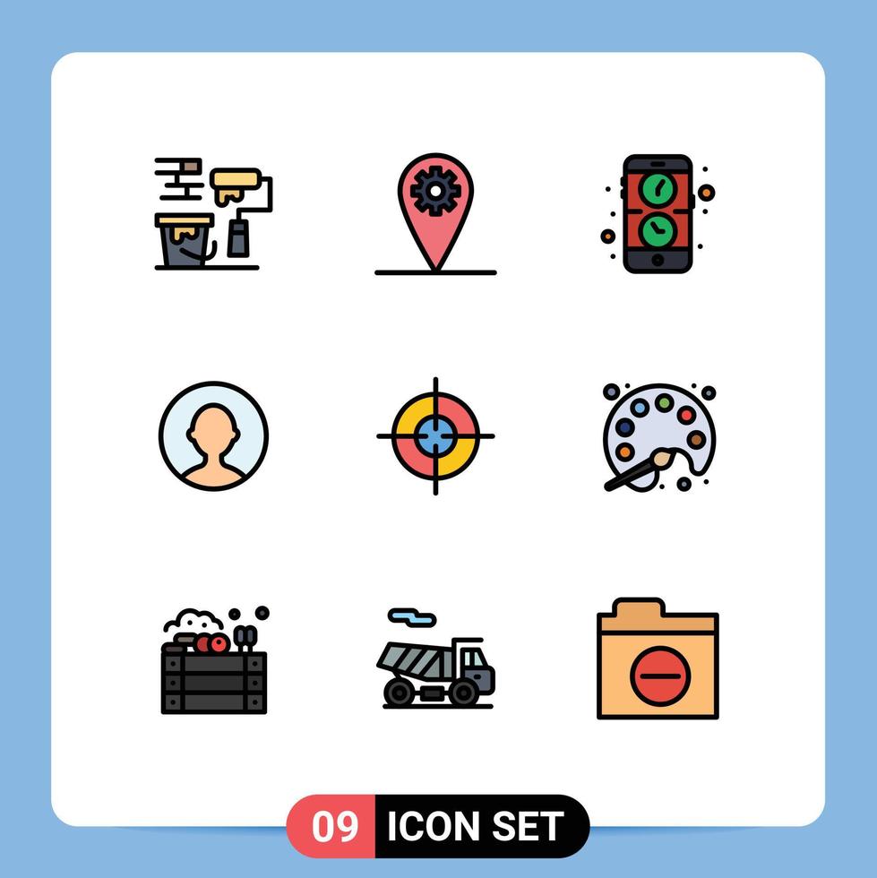 Stock Vector Icon Pack mit 9 Linienzeichen und Symbolen zum Malen von Zielanwendungszielen, vom Benutzer bearbeitbare Vektordesignelemente