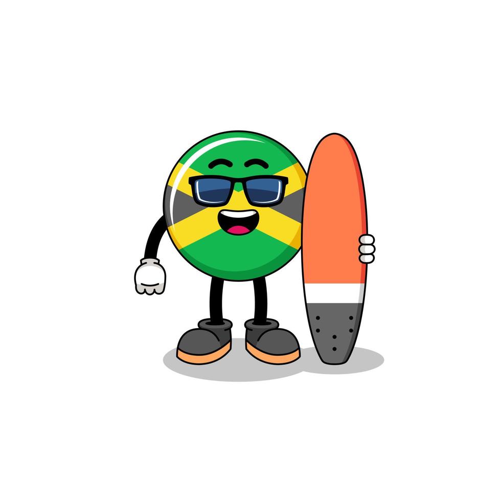 maskot tecknad serie av jamaica flagga som en surfare vektor