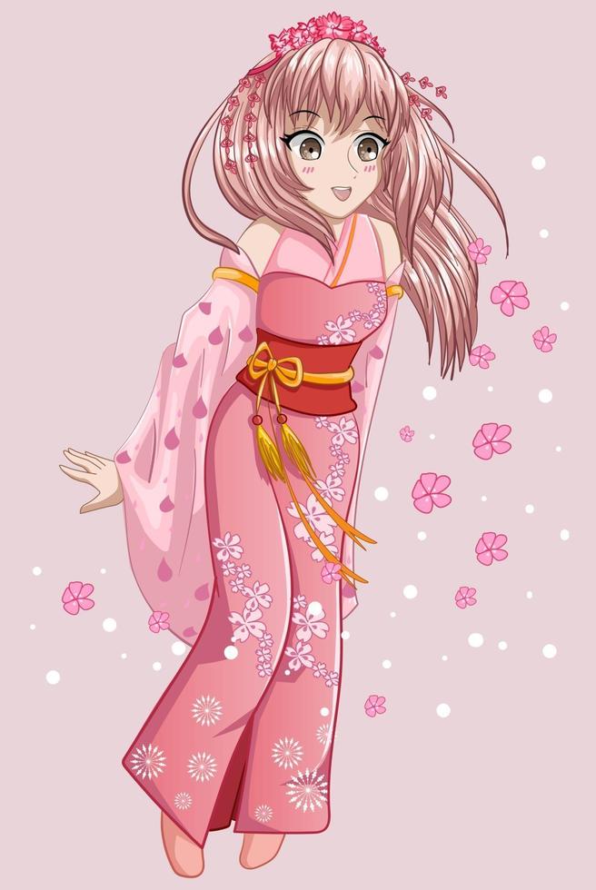 vacker rosa långt hår anime flicka klädd i rosa kimono med körsbärsblommor vektor