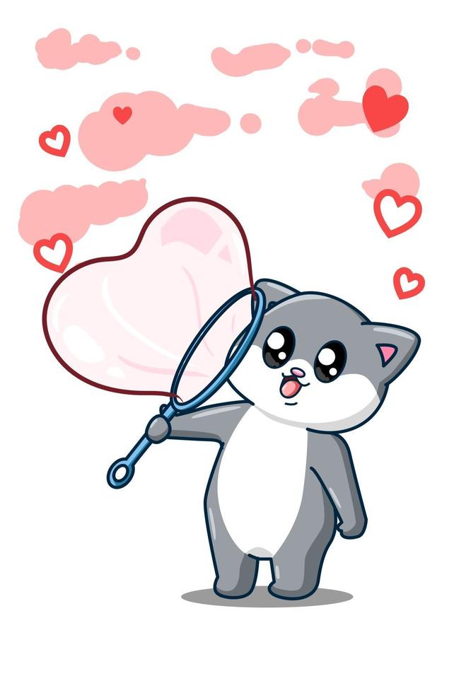glad katt som blåser kärlek bubblar tecknad illustration vektor