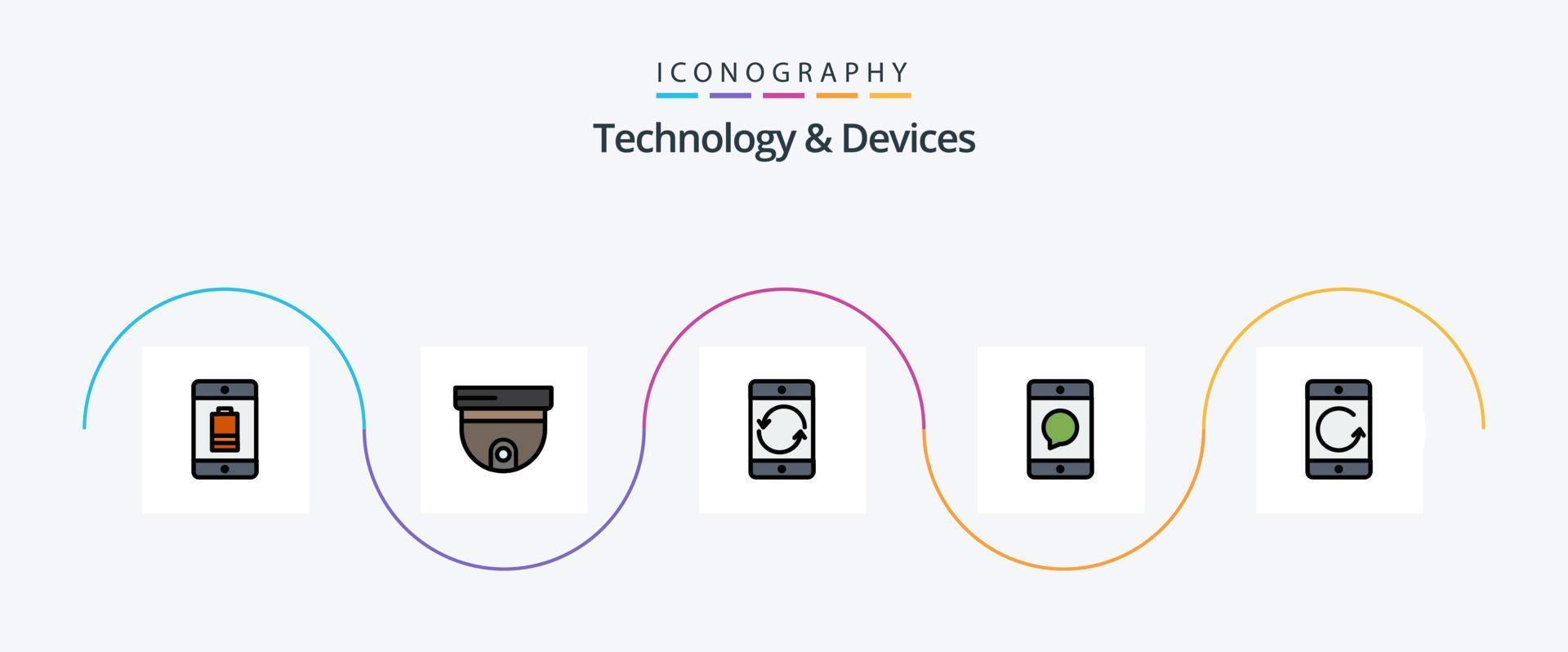Gerätezeile gefüllt flach 5 Icon Pack inklusive Nachricht. Kommunikation. Überwachung. Handy. Geräte vektor