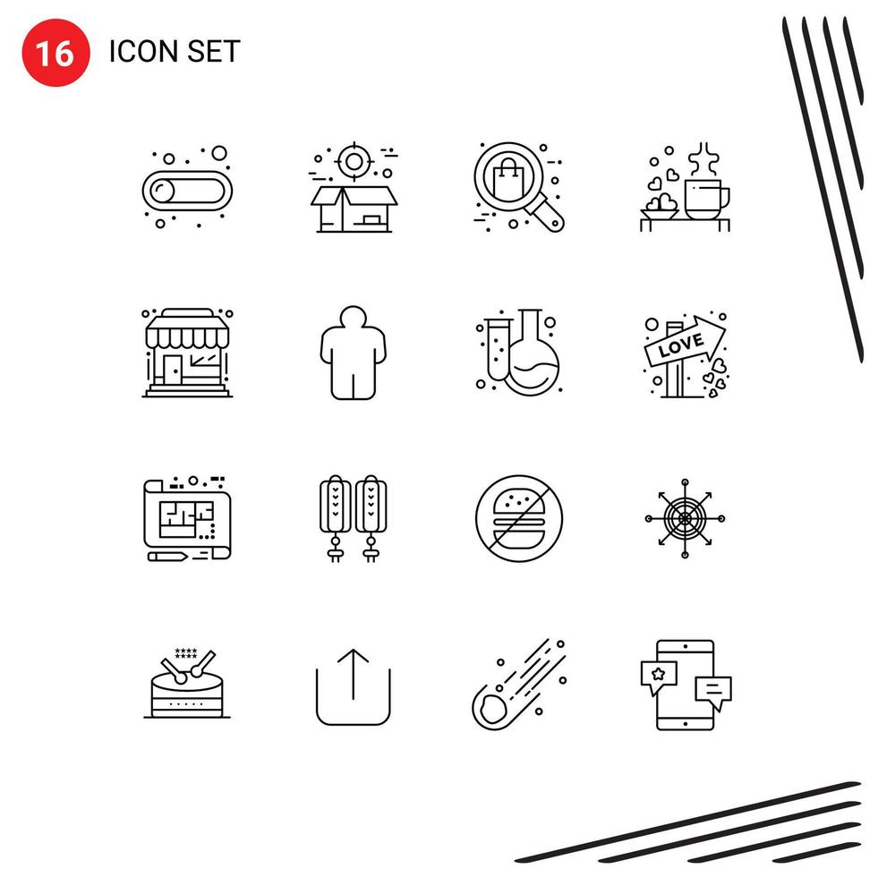 Stock Vector Icon Pack mit 16 Zeilenzeichen und Symbolen für Love Cup Package Tea Shop editierbare Vektordesign-Elemente