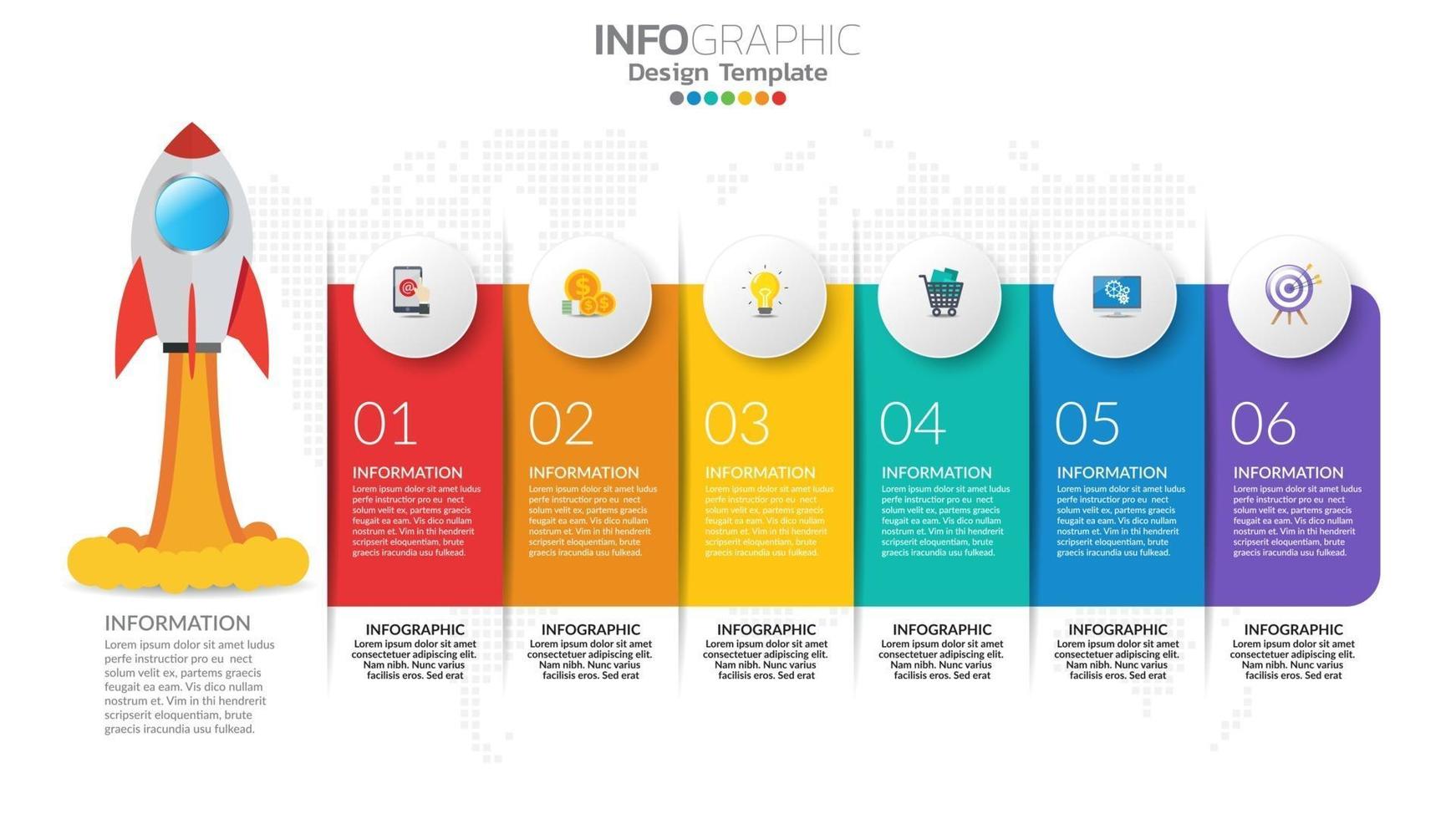 6 Schritte Start-Infografiken mit Raketenstart. Geschäfts- und Finanzkonzept. vektor