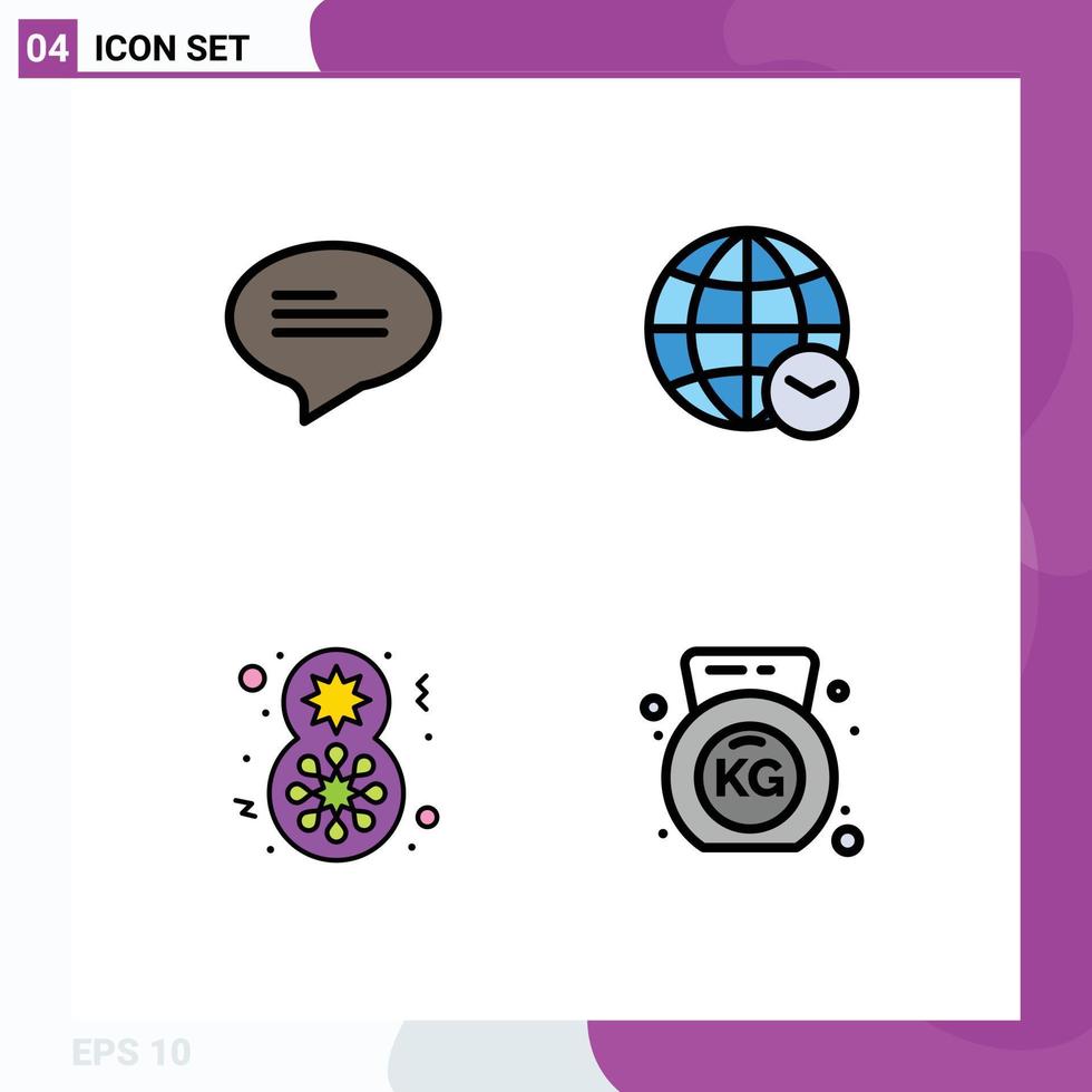 Filledline Flat Color Pack mit 4 universellen Symbolen für Chat-Geschenk-Globus-Zeit-Hantel-editierbare Vektordesign-Elemente vektor