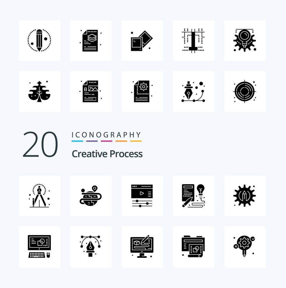 20 Kreativprozess solide Glyphen-Icon-Pack wie Bleistift-Kreativseiten-Prozessidee vektor