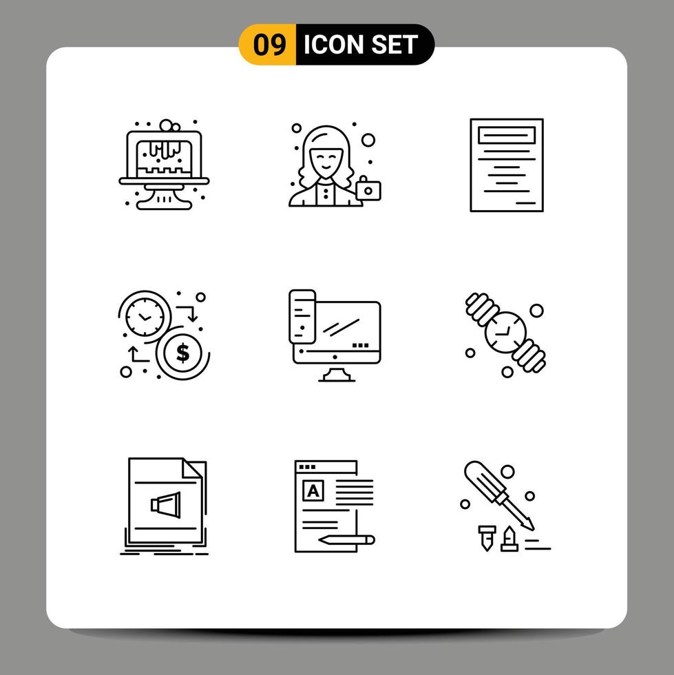 uppsättning av 9 modern ui ikoner symboler tecken för dator tid användare pengar budget redigerbar vektor design element