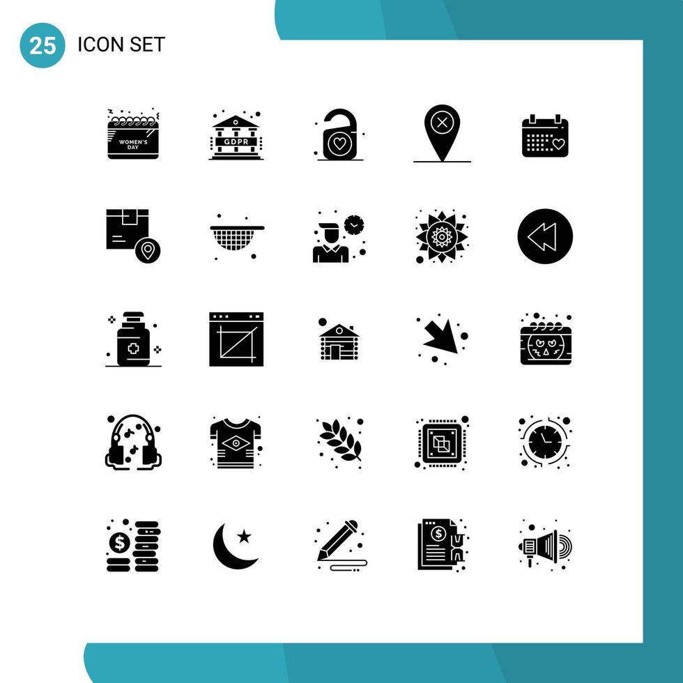 moderner Satz von 25 soliden Glyphen und Symbolen wie Hochzeitstag Liebeskalender Kreuz editierbare Vektordesign-Elemente vektor