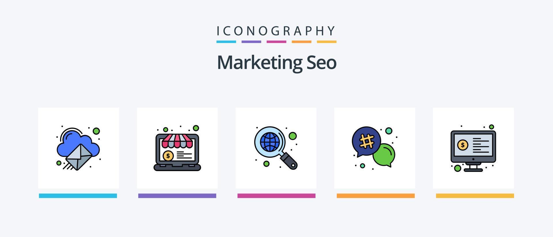 marknadsföring seo linje fylld 5 ikon packa Inklusive lag. kopiera. chatt. viral. innehåll. kreativ ikoner design vektor