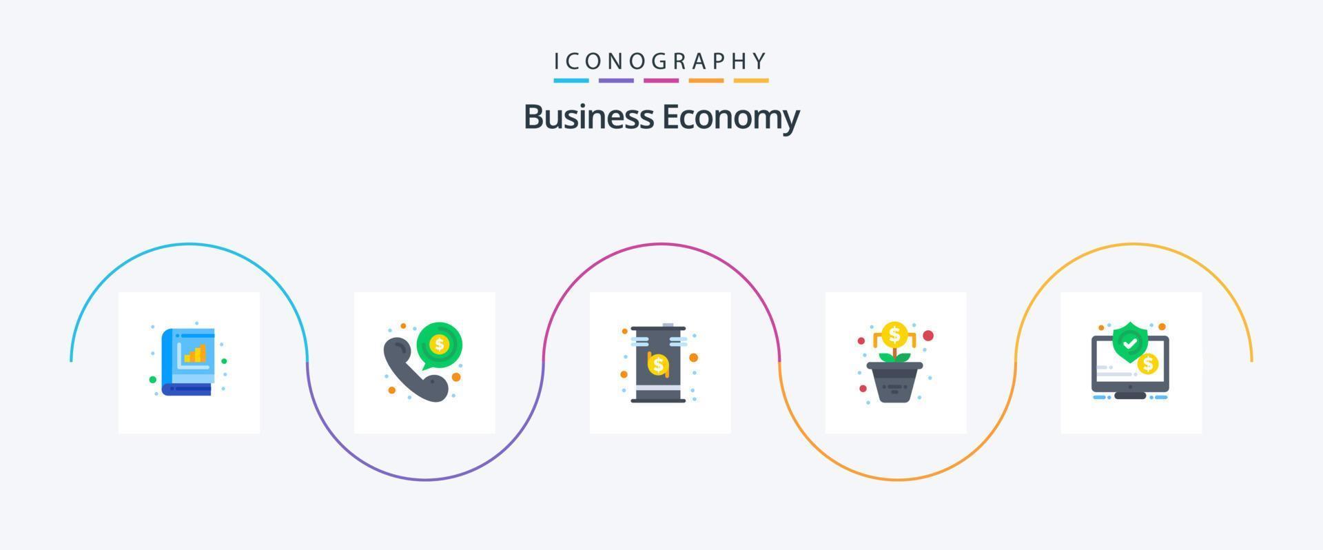 ekonomi platt 5 ikon packa Inklusive träd. tillväxt. telefon. pengar. dollar vektor