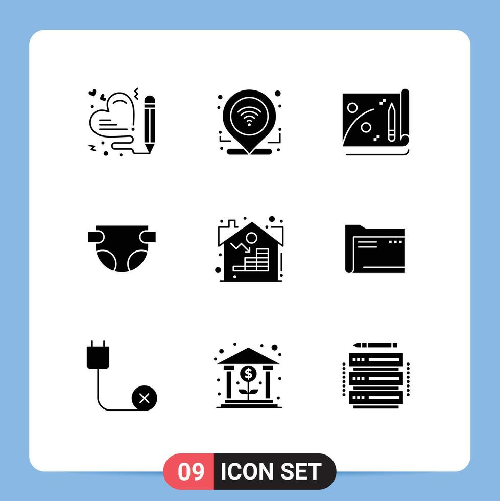 9 solides Glyphen-Konzept für mobile Websites und Apps Asset Property Achievement Windel editierbare Vektordesign-Elemente vektor