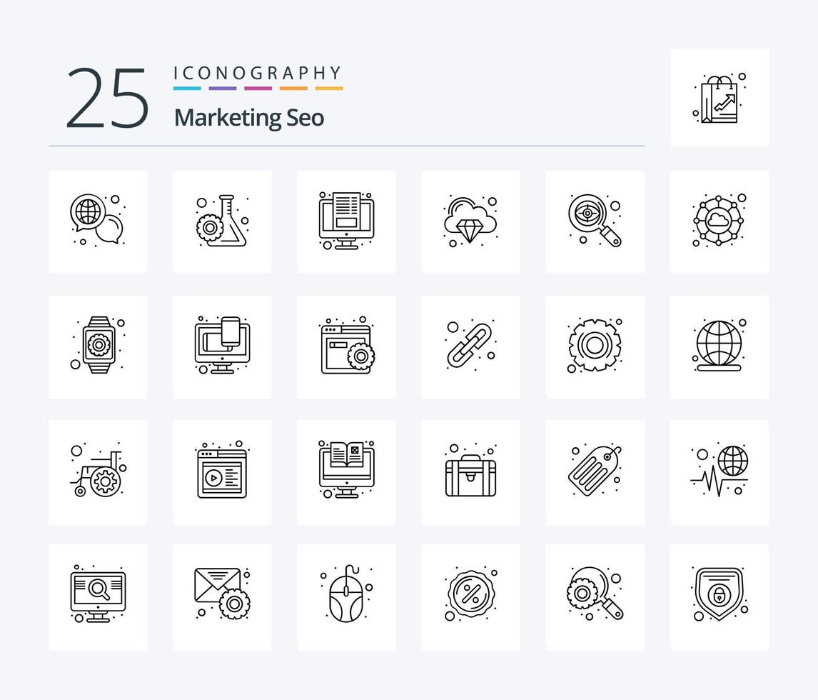 marketing seo 25 line icon pack inklusive auge. Qualität. Artikel. Netzwerk. verbinden vektor