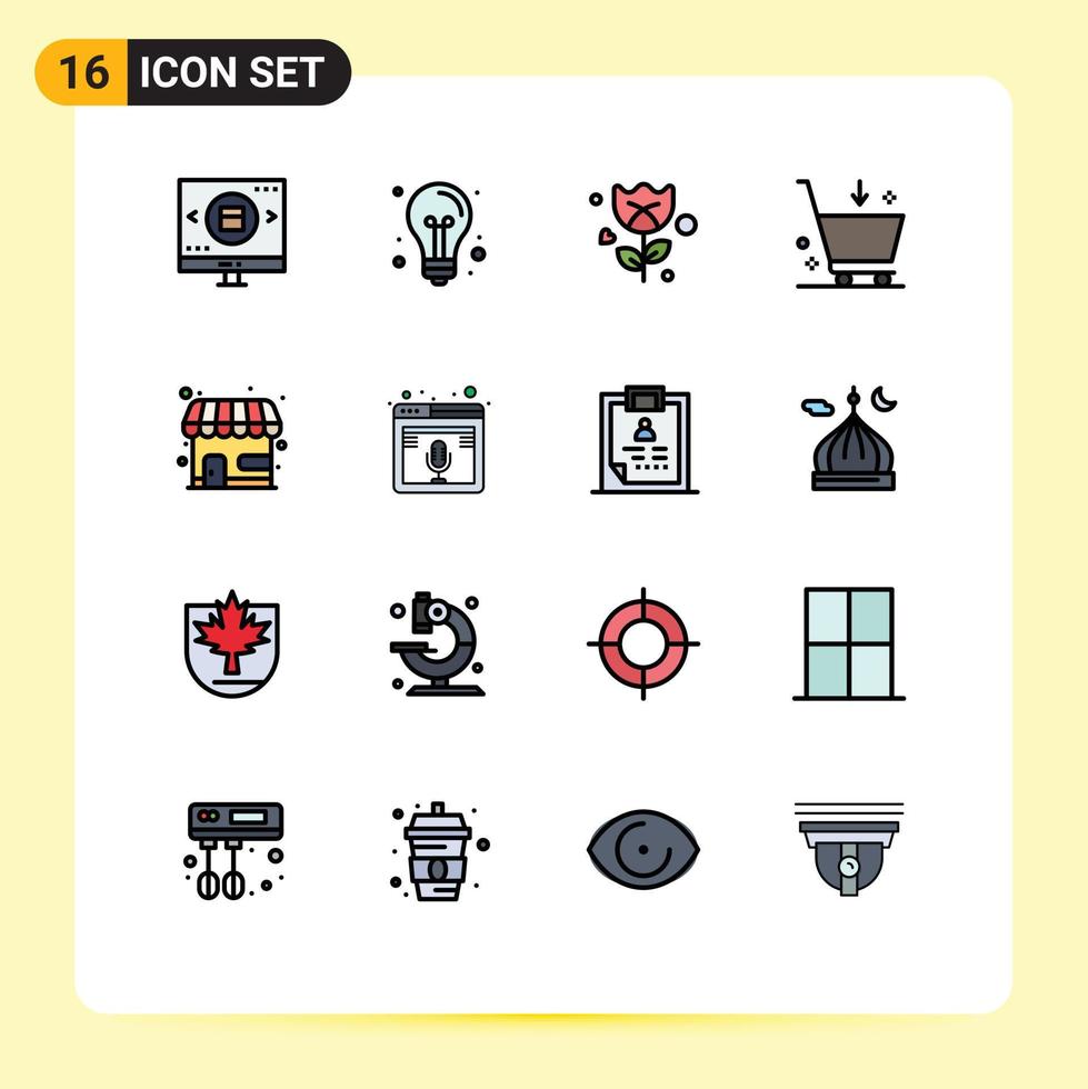 grupp av 16 platt Färg fylld rader tecken och symboler för marknadsföra handel aning vagn reste sig redigerbar kreativ vektor design element