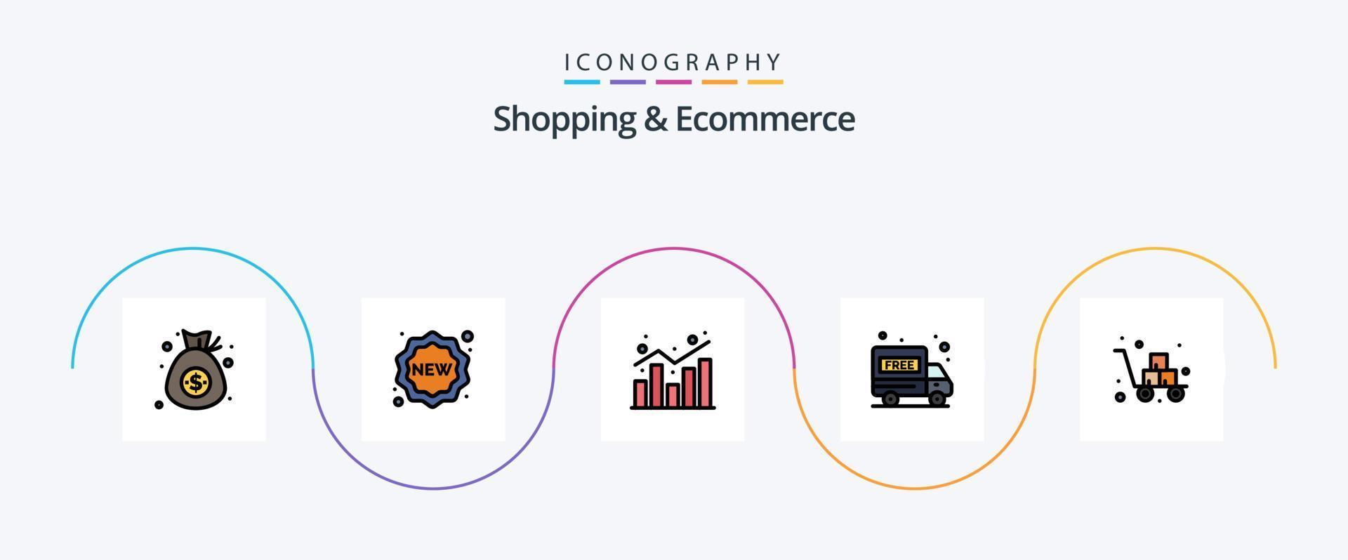 Shopping- und E-Commerce-Linie gefülltes flaches 5-Icon-Pack inklusive Einkaufswagen. Paket kostenlos. Analytik. Lieferwagen. Statistiken vektor