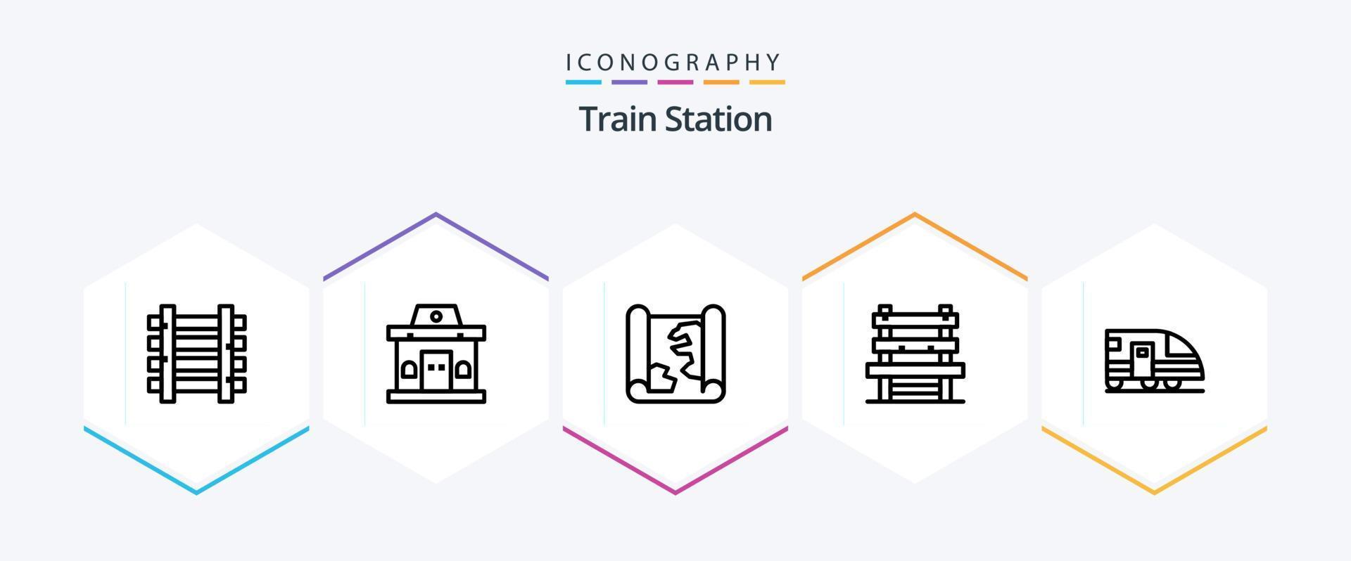 tåg station 25 linje ikon packa Inklusive tunnelbana. väntar. plats. station. stol vektor