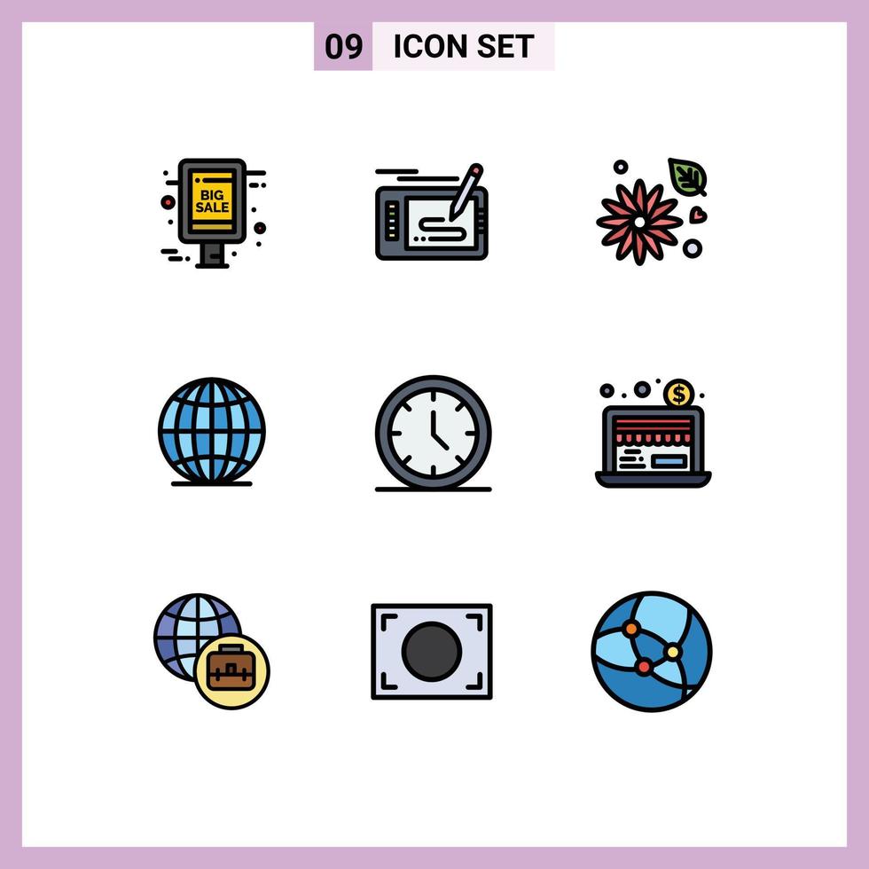 9 gefülltes flaches Farbkonzept für mobile Websites und Apps Time World Pad Globus Natur editierbare Vektordesign-Elemente vektor