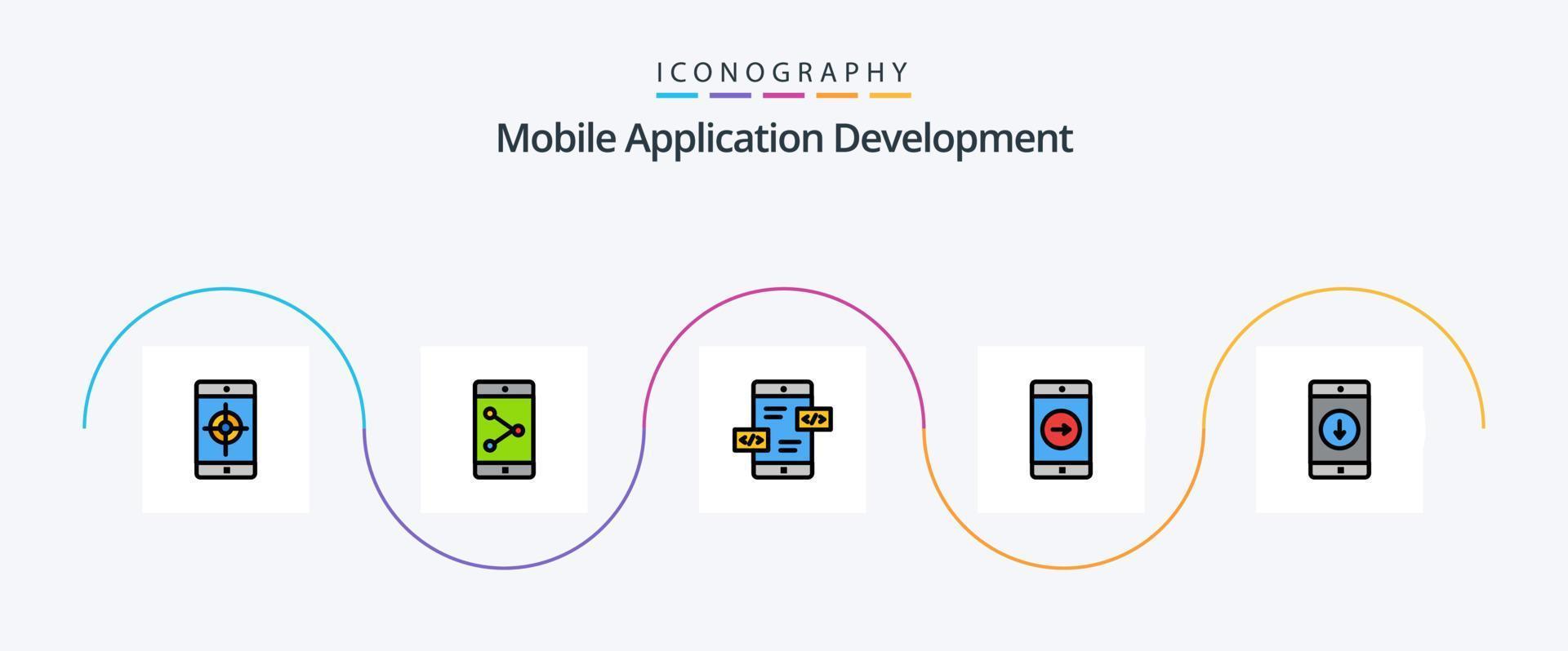 mobil Ansökan utveckling linje fylld platt 5 ikon packa Inklusive mobil Ansökan. Ansökan. pilar. mobil Ansökan. rätt vektor